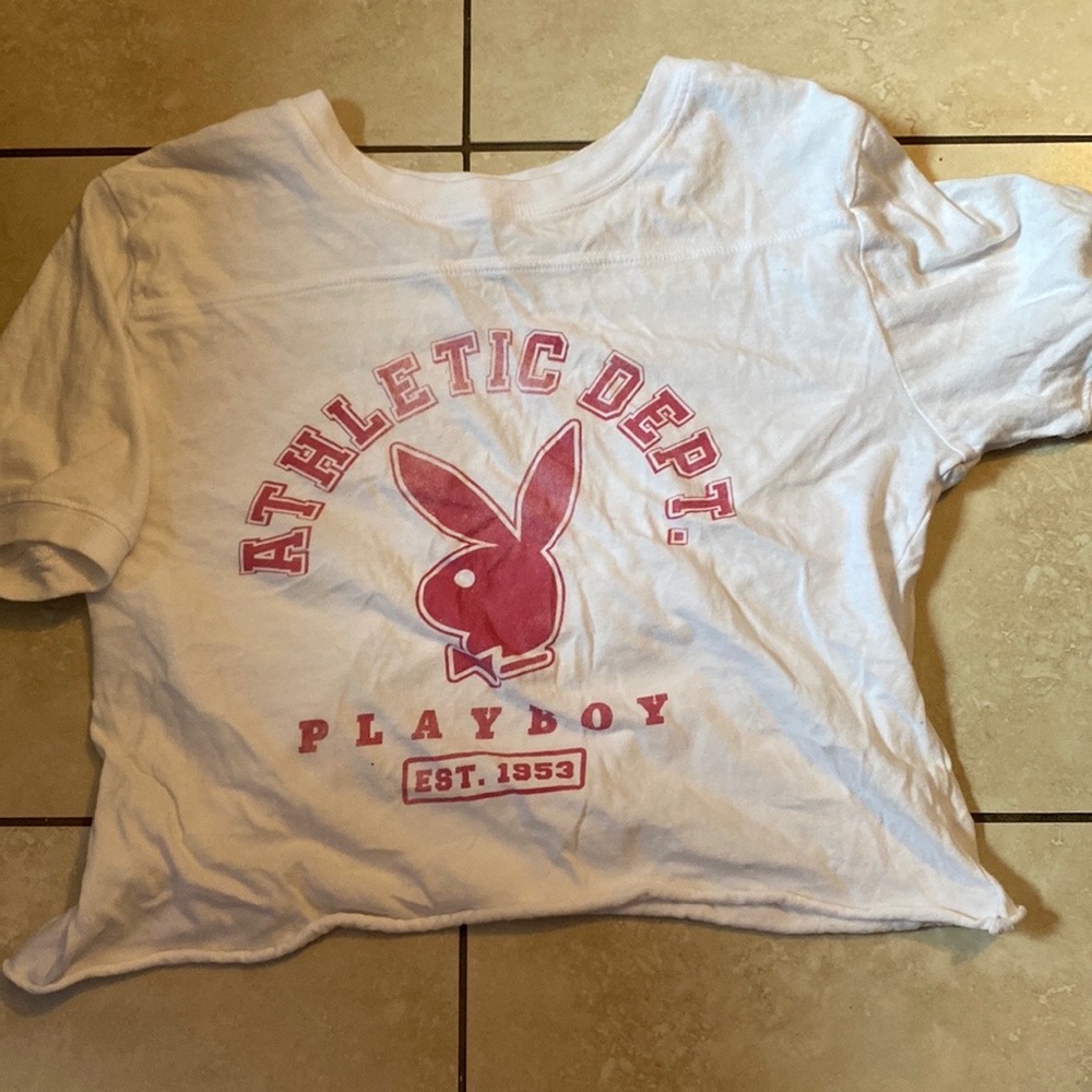 Playboy cropped white and pink tee.